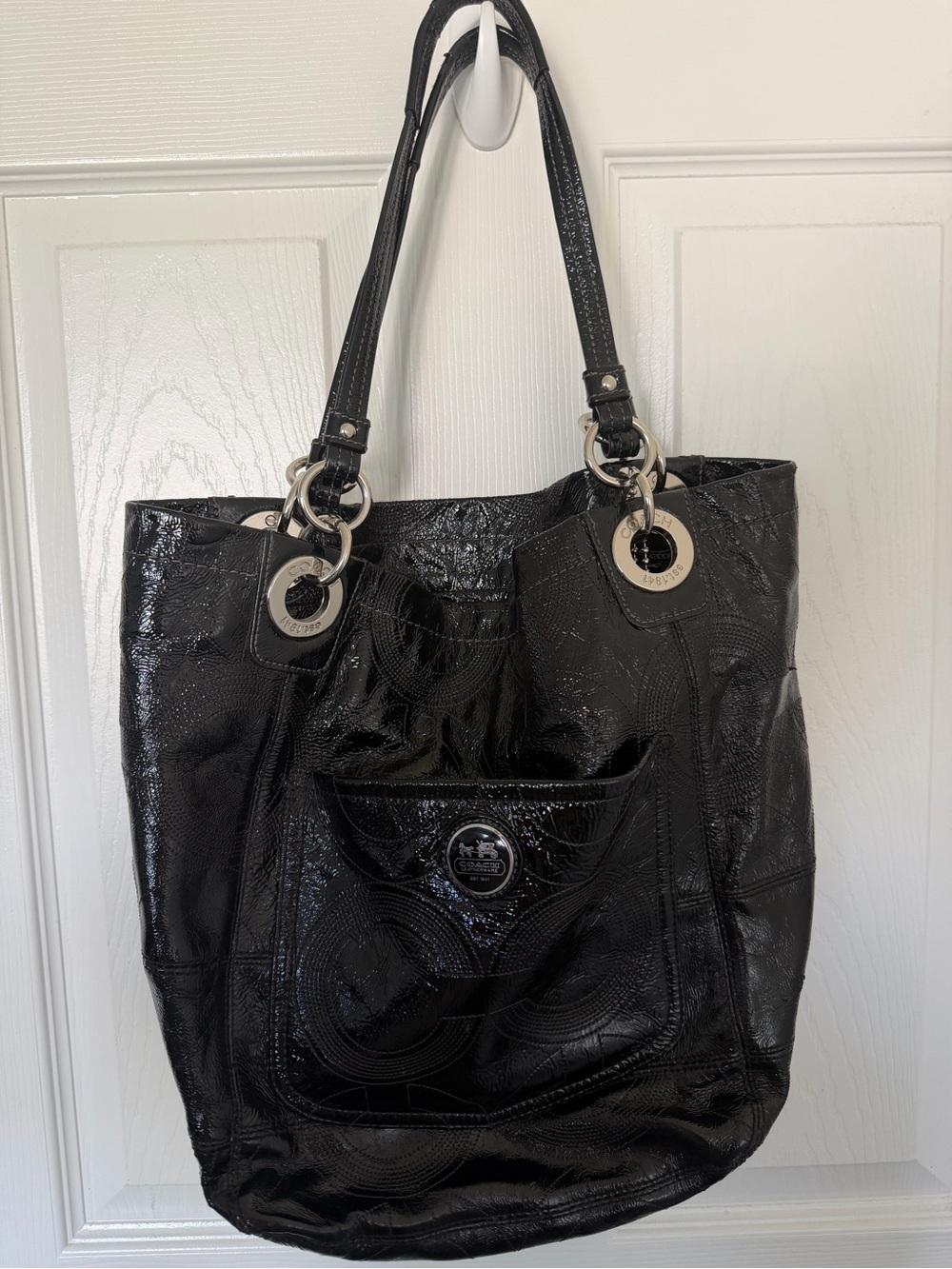 Coach Black Patent Leather Logo Tote with Front Pocket and Silver Hardware - Picture 2 of 10